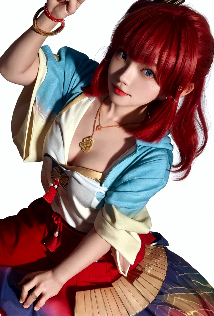 (Highest quality, 8K, 32k, masterpiece, Ultra-high resolution:1.2),Beautiful Japanese Women Photos, Rainbow clothes、Rainbow hoodie、Large Breasts, Very short bob hair,Red hair, necklace, Simple Background, From above, View your viewers,Red Hair、White background、