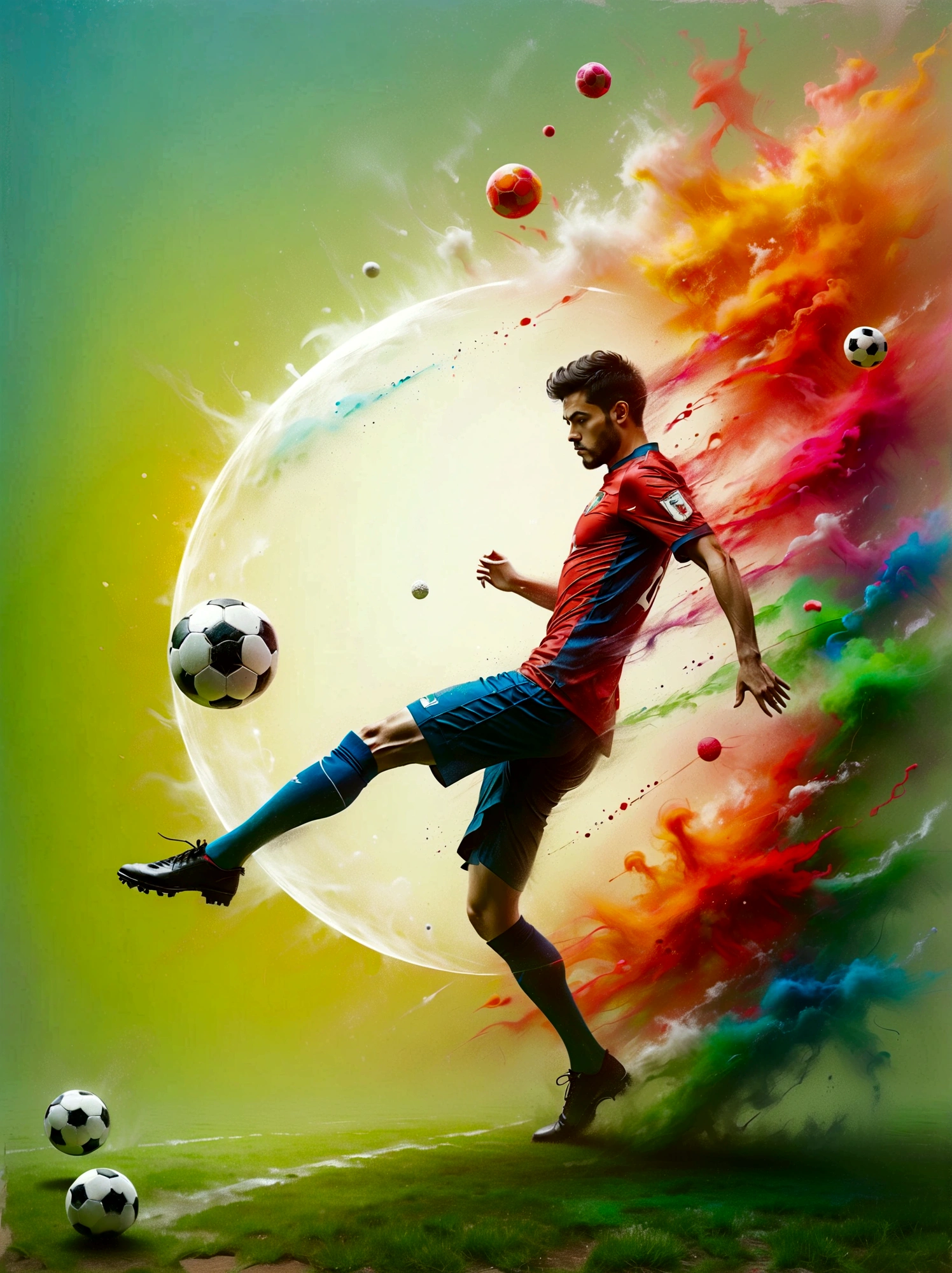 A unique concept where one half of the image showcases a real-life scene of a soccer player about to kick the ball on a vibrant green field. He's a Hispanic male in his typical professional uniform, focusing intently on his target. The other half transitions into a 3D surreal dimension. The same soccer player exists in this dimension as well but in a more geometric, stylized form. Here, instead of a real field, he's surrounded by a world filled with abstract shapes flying around him in an array of bright colors, possibly symbolizing the dynamic energy of the sport.