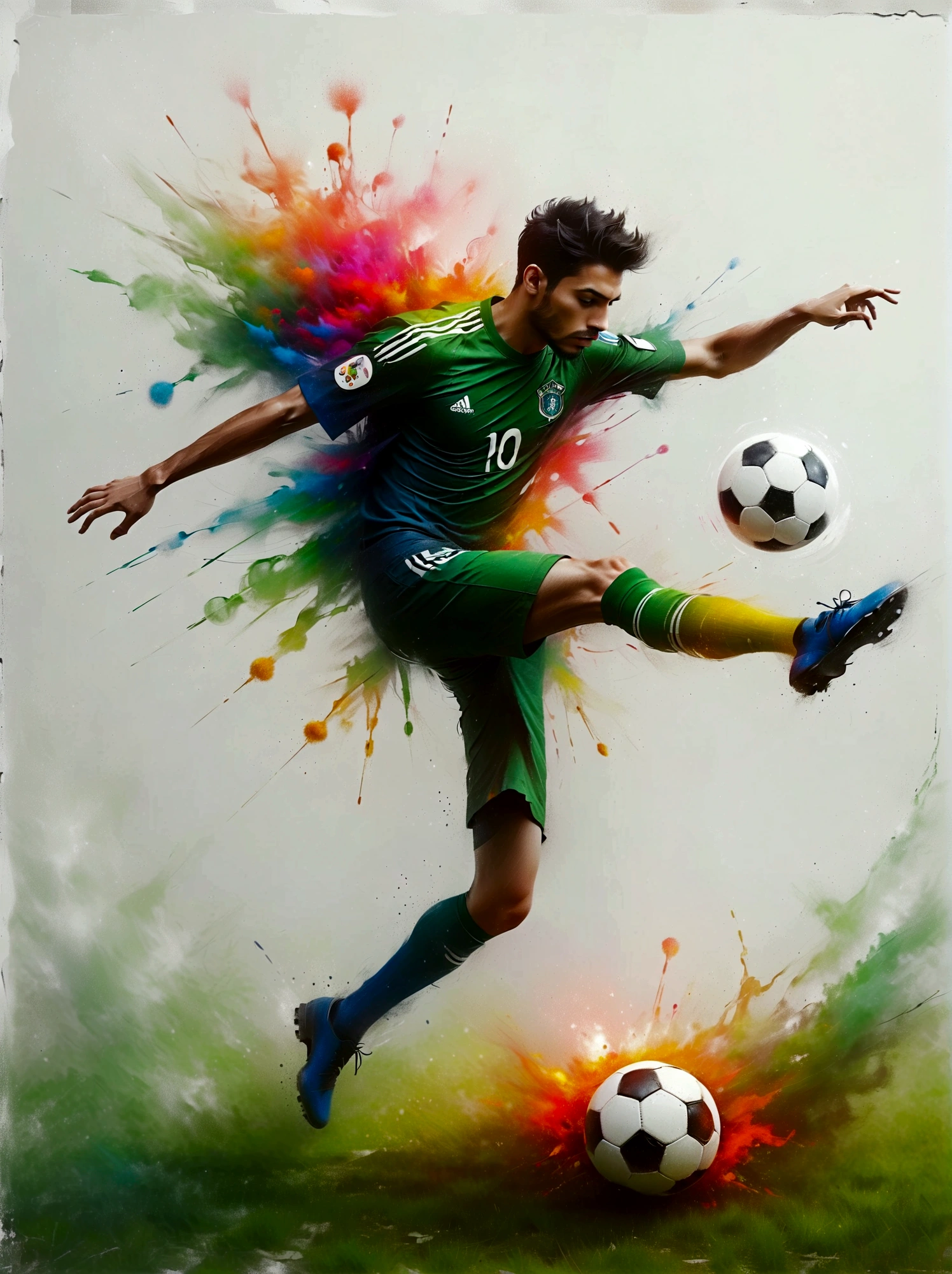 A unique concept where one half of the image showcases a real-life scene of a soccer player about to kick the ball on a vibrant green field. He's a Hispanic male in his typical professional uniform, focusing intently on his target. The other half transitions into a 3D surreal dimension. The same soccer player exists in this dimension as well but in a more geometric, stylized form. Here, instead of a real field, he's surrounded by a world filled with abstract shapes flying around him in an array of bright colors, possibly symbolizing the dynamic energy of the sport.