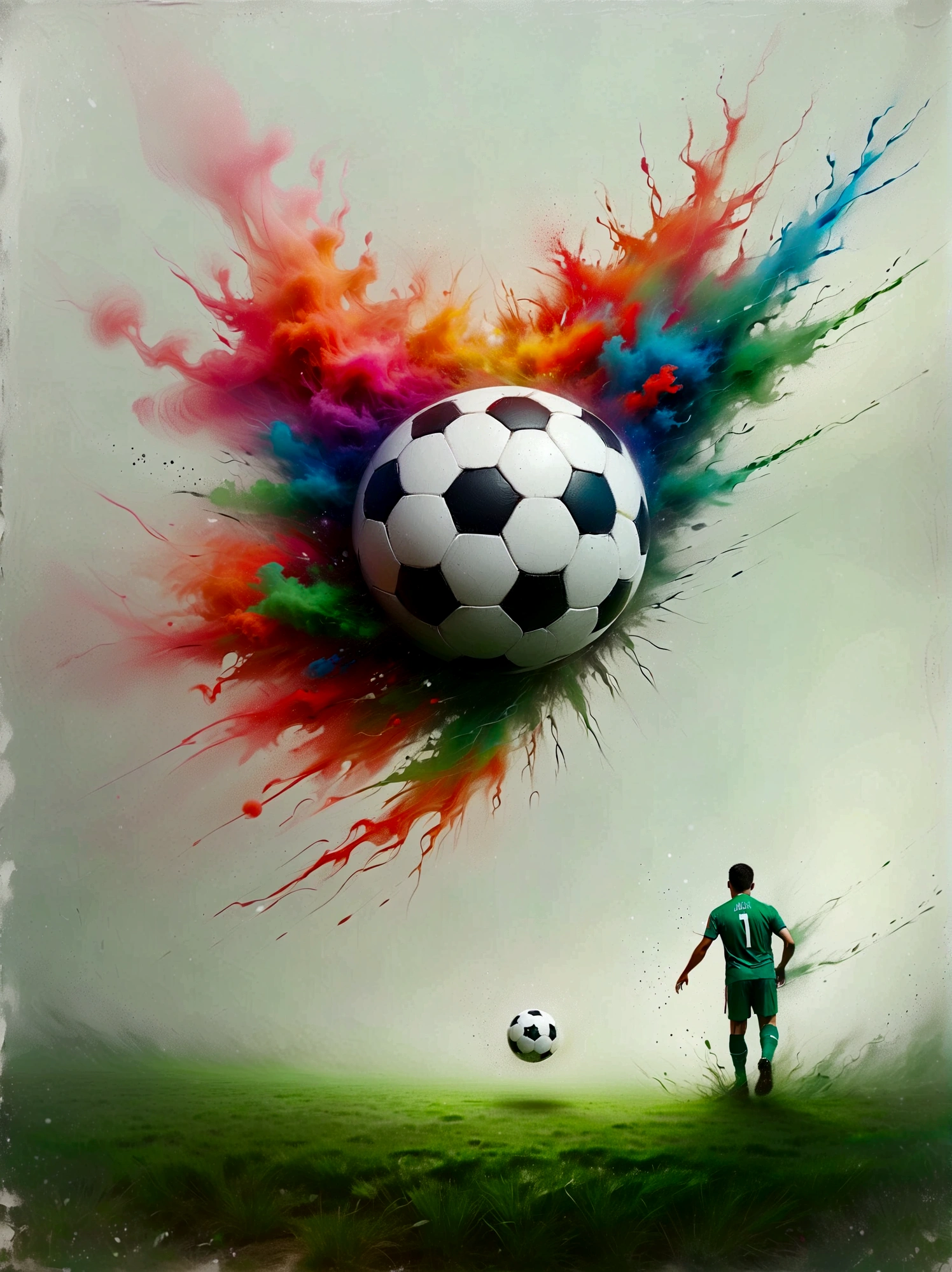 A unique concept where one half of the image showcases a real-life scene of a soccer player about to kick the ball on a vibrant green field. He's a Hispanic male in his typical professional uniform, focusing intently on his target. The other half transitions into a 3D surreal dimension. The same soccer player exists in this dimension as well but in a more geometric, stylized form. Here, instead of a real field, he's surrounded by a world filled with abstract shapes flying around him in an array of bright colors, possibly symbolizing the dynamic energy of the sport.