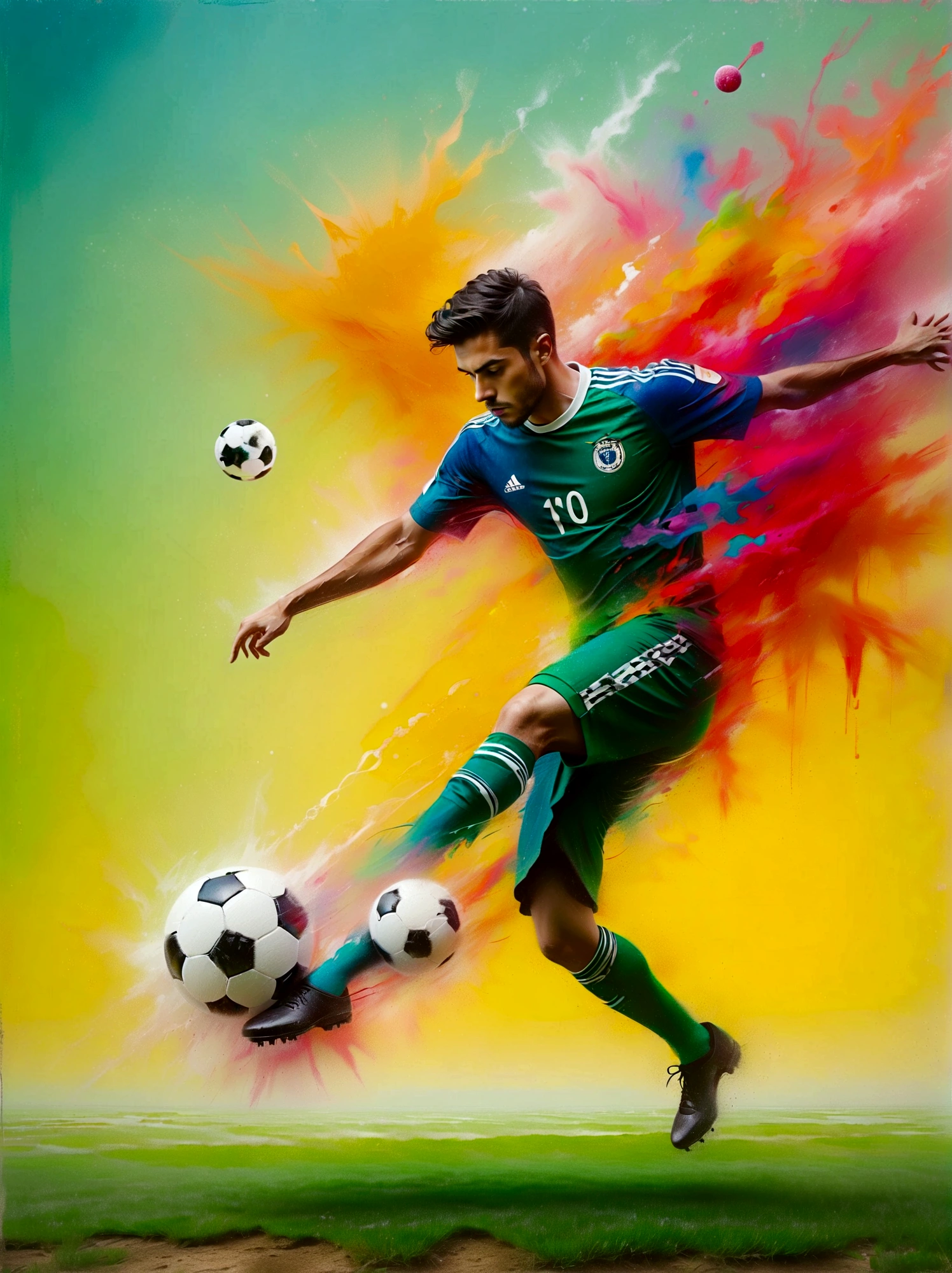 A unique concept where one half of the image showcases a real-life scene of a soccer player about to kick the ball on a vibrant green field. He's a Hispanic male in his typical professional uniform, focusing intently on his target. The other half transitions into a 3D surreal dimension. The same soccer player exists in this dimension as well but in a more geometric, stylized form. Here, instead of a real field, he's surrounded by a world filled with abstract shapes flying around him in an array of bright colors, possibly symbolizing the dynamic energy of the sport.