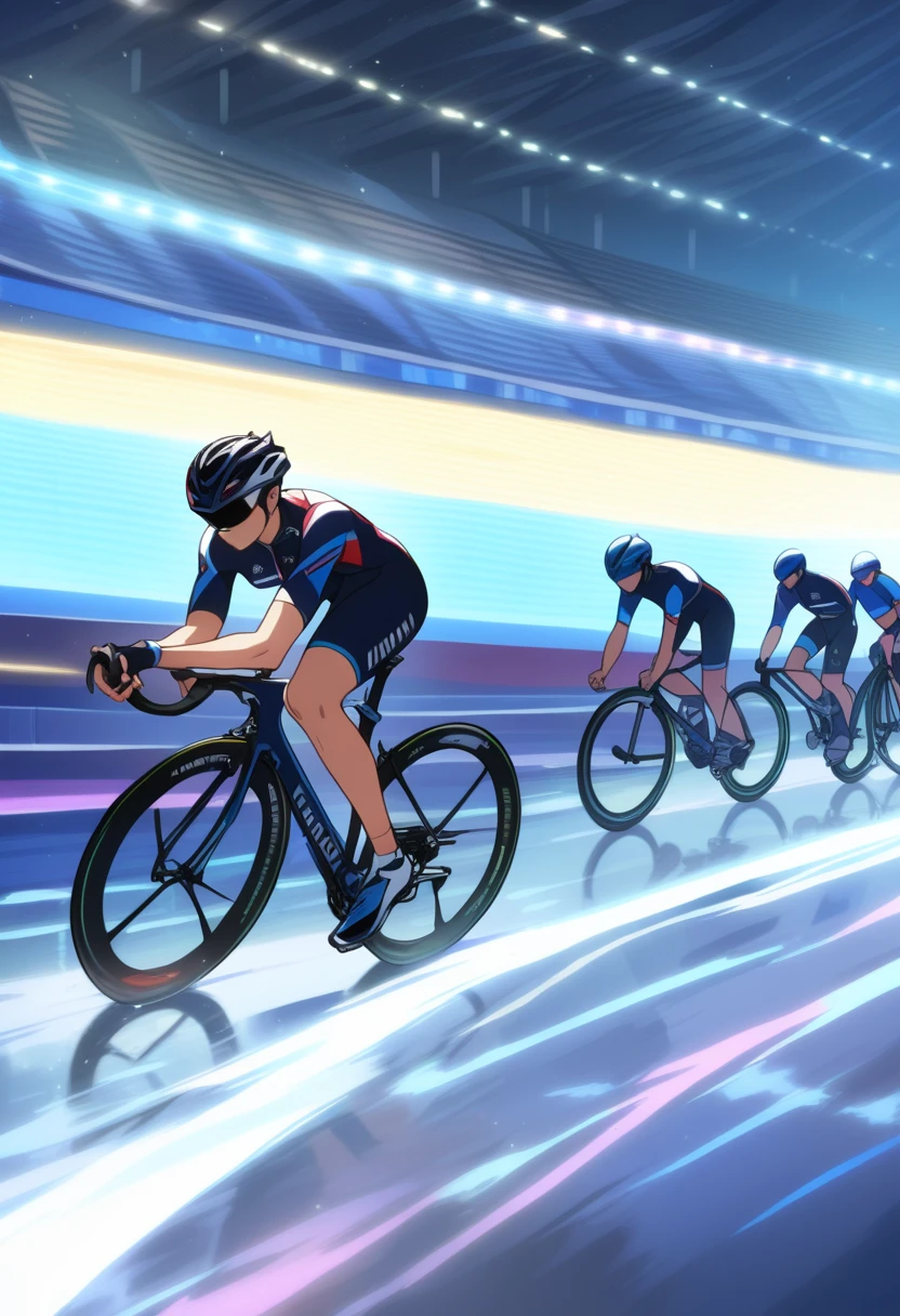 ((Masterpiece)), ((Best Quality)), (Very Detailed), ((Very Detailed)), 4K, (8K), very aesthetic, absurdres highres, Olympic cyclists are running on banks in an indoor stadium. Athletes lean forward to eliminate wind resistance and wear streamlined helmets designed for aerodynamics. There are spectator seats in the background, with bright lights illuminating the players. The muscular tension of the athlete and the details of the bicycle are clearly depicted.