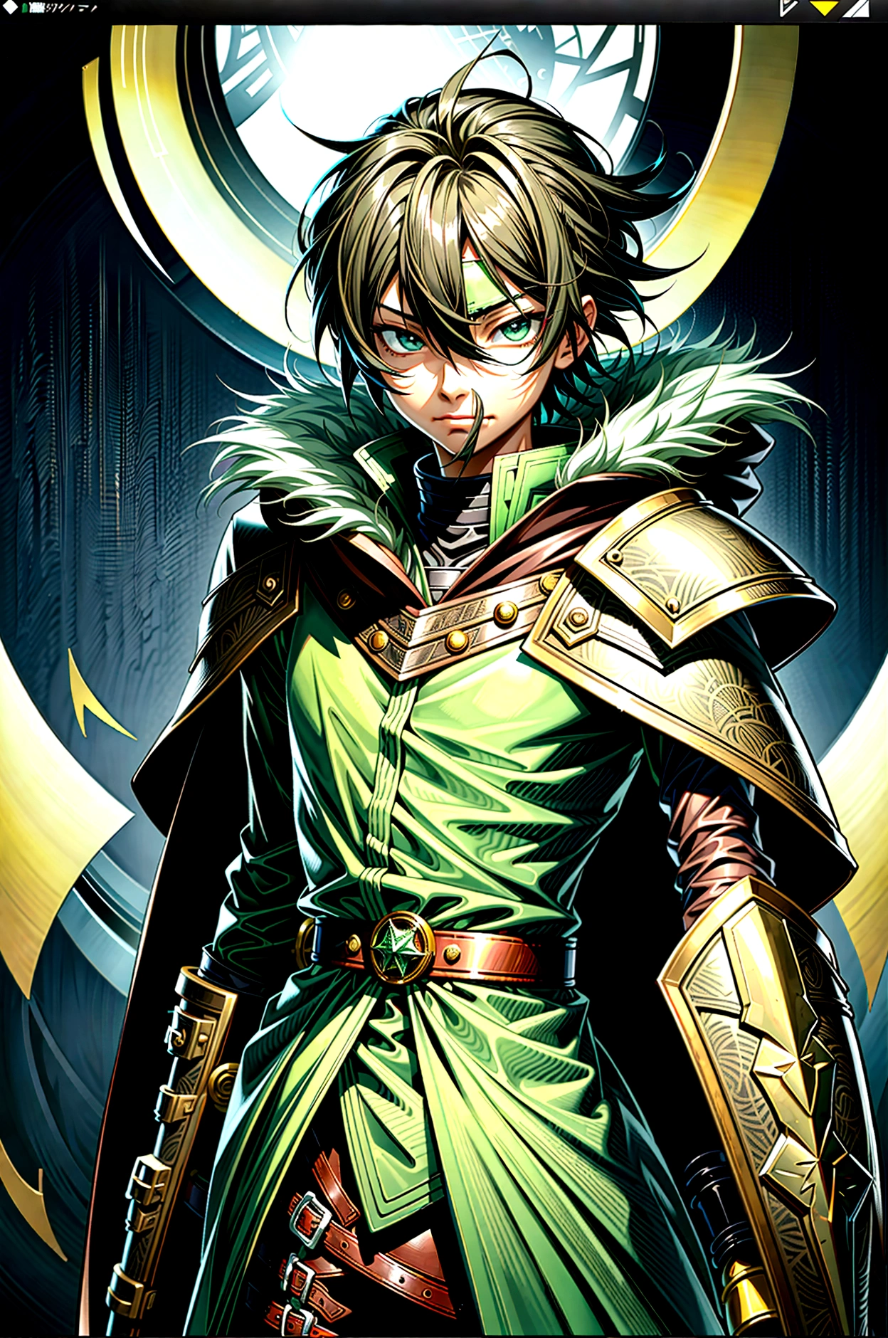 yuichiro hyakuya, expressive eyes, 1 boy, black hair, green eyes, brown coat, gray armor, green shield, green cloak, dark brown gloves, town, fur trim, anime, standing, good quality, portrait, looking at viewer