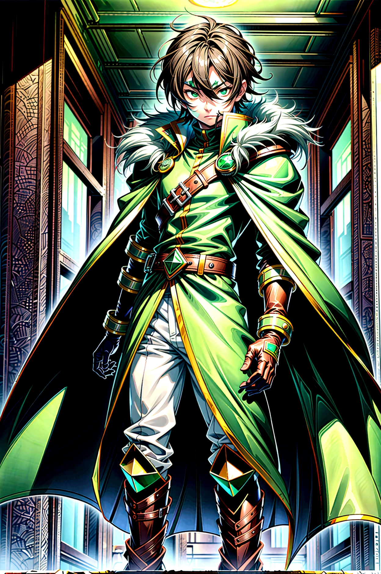 yuichiro hyakuya, expressive eyes, 1 boy, black hair, green eyes, brown coat, gray armor, green shield, green cloak, dark brown gloves, town, fur trim, anime, standing, good quality, portrait, looking at viewer