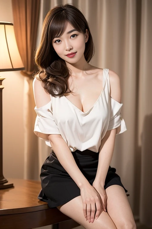 ((Exposing shoulders)), ((Ample breasts)), ((The skirt is short)), ((Sexy Legs)), ((whole body)),Practical的, Stylish girl, Red lips, Mature Woman, Exquisite makeup, Big eyes, beautiful, (Highest quality, masterpiece:1.2), Super detailed, (Practical:1.37), ((random scene, Random shooting angle)), ((Sexy long legs)), Young and energetic, Attractive model, (Delicate eyes, Delicate lips), show a bright smile, Create attractive girl images, Warm colors, Very high color saturation, Official Art, Very detailedなCG, Unified 8K wallpapers, (High Dynamic Range:1.4), (Movie atmosphere),(Soft colors), (Natural skin texture, 超Practical的, Soft Light, sharp),(Very detailed), night, moonlight