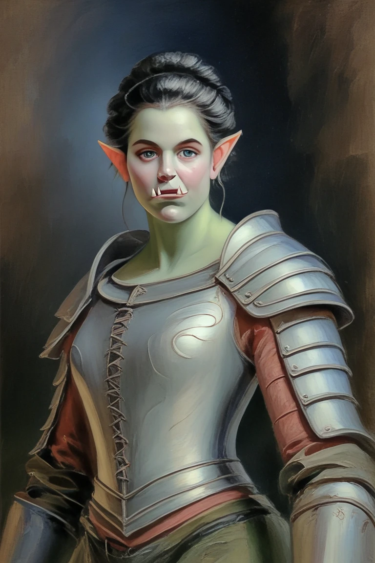 score_9, score_8_up, score_7_up, rating_safe, painterly, faux traditional media, realistic, 1girl, solo, girl focus, mature female, orc, green skin, tusks, blue eyes, short hair, black hair, armor, shoulder armor, breastplate, pauldrons, upper body, thicc, dummy thicc, big waist, sexy, big butt, huge butt, booty shorts, standing, outdoors, night, night sky, dark background