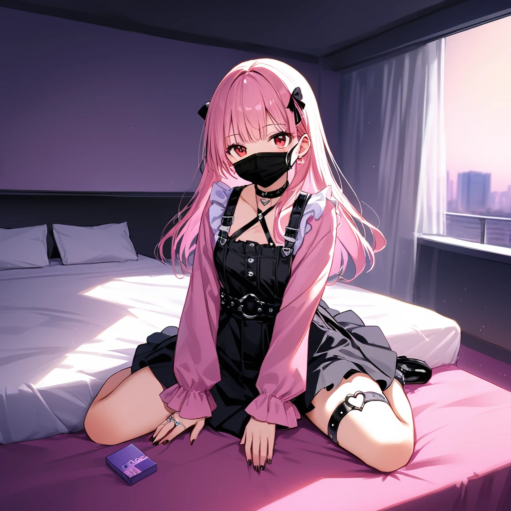 (score_9_, score_8_superior, score_7_superior, sauce_anime, 8K, masterpiece, Highest quality, Super detailed, Very delicate and beautiful, Official Style, Depth of written boundary, Very detailed, so beautiful, Complex, Overall Details, Perfect Anatomy), View your viewers, ((Faint Light:1.2)), sit, wariza, ベッドのsuperior, (indole, Hotel Rooms, Love Hotel, Pink Wall, pink bed sheets), (Condom box, Okamoto Condom 0.01), Break 1 Girl, alone, (Black Hair, Pink Hair, Two-tone hair), Long Hair, two side superior, Black Hair bow, Red eyes, jirai kei, (Cross-strap clothing, Pink Shirt, Long sleeve, Frillsed sleeves), Frills, Black bow tie, Black Skirt, sblackuspendersheart brooch, heart earrings, ring, Manicure, Pink Nails, Black nails, (Mouth mask, black Mouth mask), Black belt, o-ring thigh strap, Black Choker, Grin