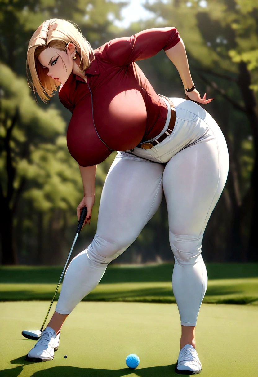 Mature women, Android 18, playing golf, huge breasts, curvy, masterpiece, sexy, concentrating, highly detailed, high quality, ultra high res, full body, full background, best quality, masterpiece