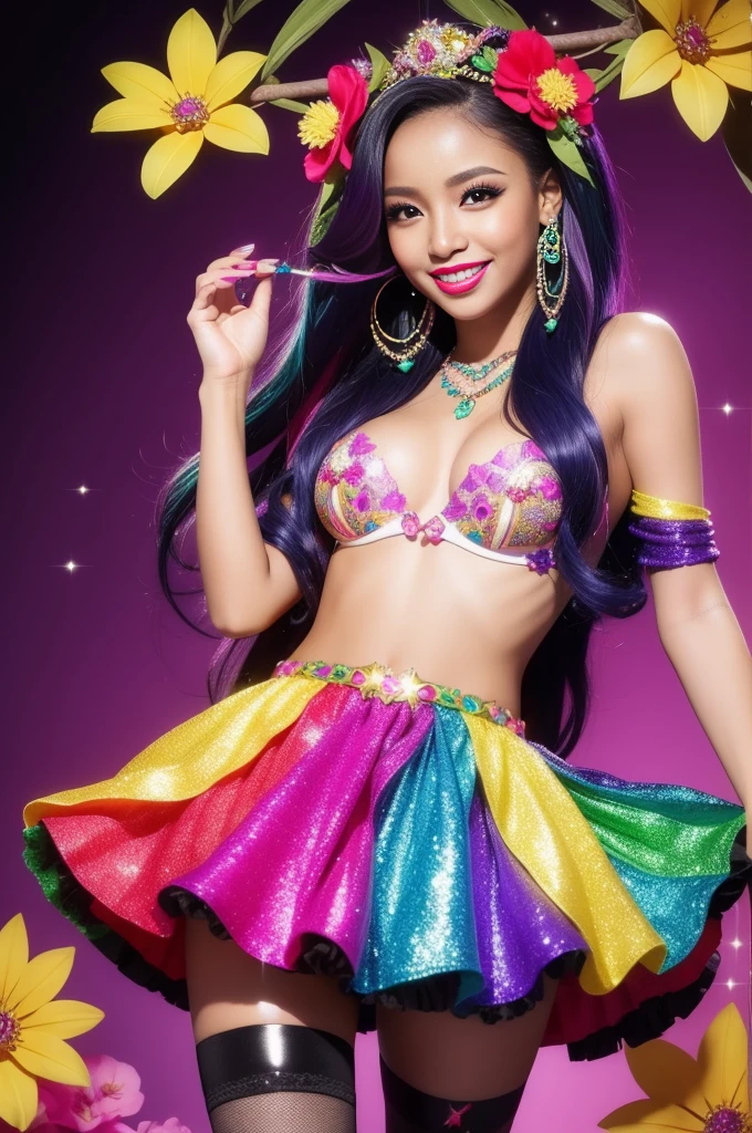 sexy Caribbean model who controls poison、beautiful smile、lipgloss、bold lipstick、intense makeup、look at the camera、full body Esbian、、sparkling poisoned flower costume、、、、sparkling Colorful hair、secrete poison、skull hair accessories、sexy tights、shiny sparkling flowers background