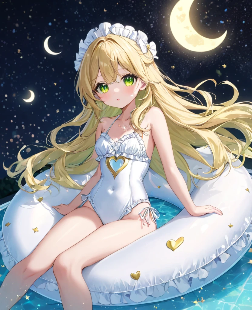 (masterpiece, best quality:1.2), (absurdres, highres, ultra-detailed), (perfect anatomy),
Beautiful woman、Night Pool、Riding on a cute float、Blonde、Fluffy longhair、Yellow-green eyes、Background glitter、night、Crescent Moon、heart、White frilly swimsuit
(8K, RAW photo:1.2),detailed face and eyes,intricate detail ,masterpiece ,sharp focus, high quality,BREAK,rating: general, newest