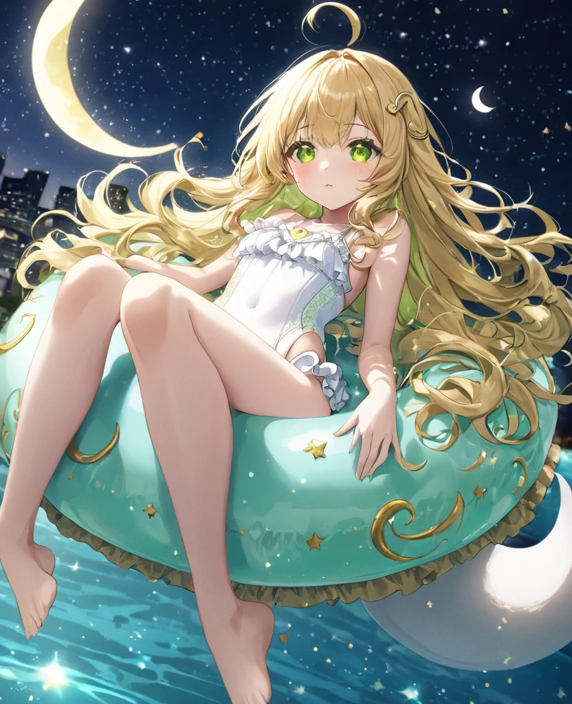 (masterpiece, best quality:1.2), (absurdres, highres, ultra-detailed), (perfect anatomy),
Beautiful woman、Night Pool、Riding on a cute float、Blonde、Fluffy longhair、Yellow-green eyes、Background glitter、night、Crescent Moon、heart、White frilly swimsuit
(8K, RAW photo:1.2),detailed face and eyes,intricate detail ,masterpiece ,sharp focus, high quality,BREAK,rating: general, newest