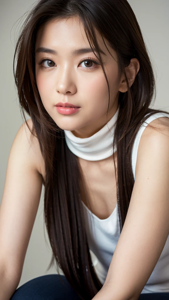 (Detailed face),((between legs)),Normal chest,cute,White furniture,A silky grey sleeveless turtleneck outfit,4K,Ultra-high resolution,(Photorealistic:1.7),Black long hair,