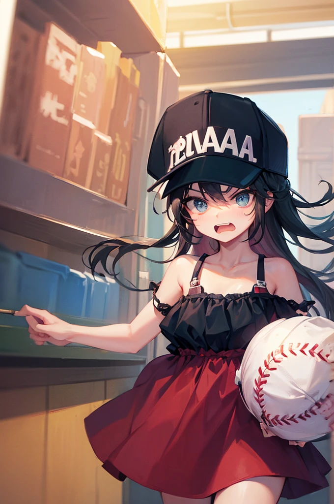 a trucker princess, wears a dress and a baseball cap, has an angry expression