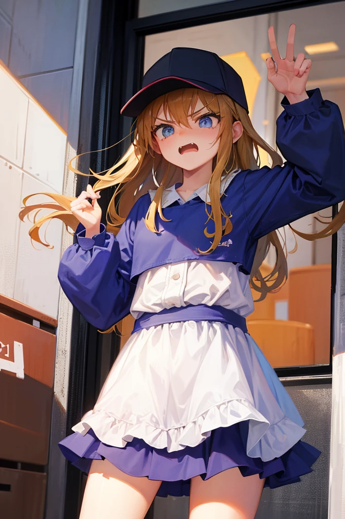 a trucker princess, wears a dress and a baseball cap, has an angry expression