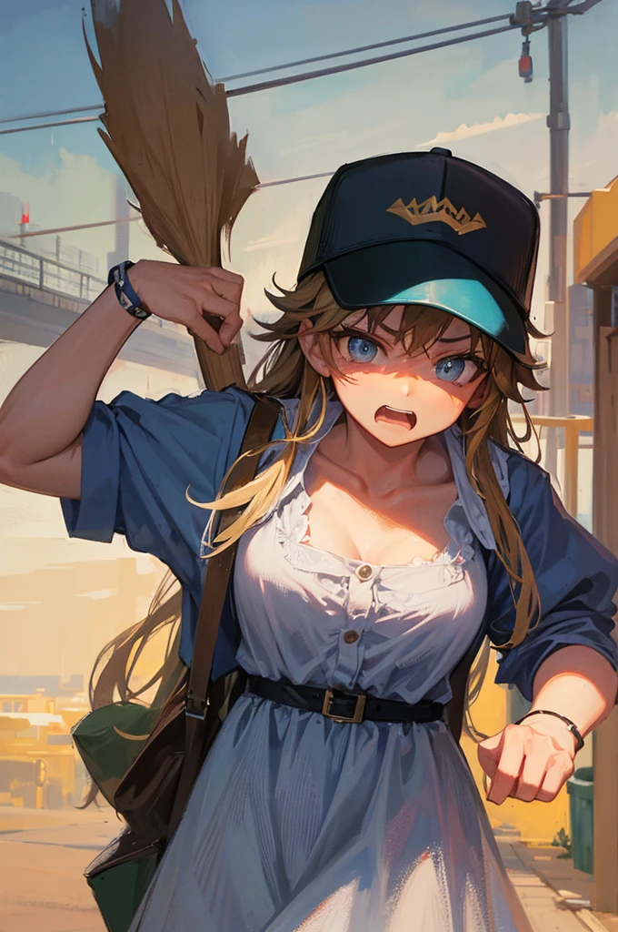 a trucker princess, wears a dress and a baseball cap, has an angry expression