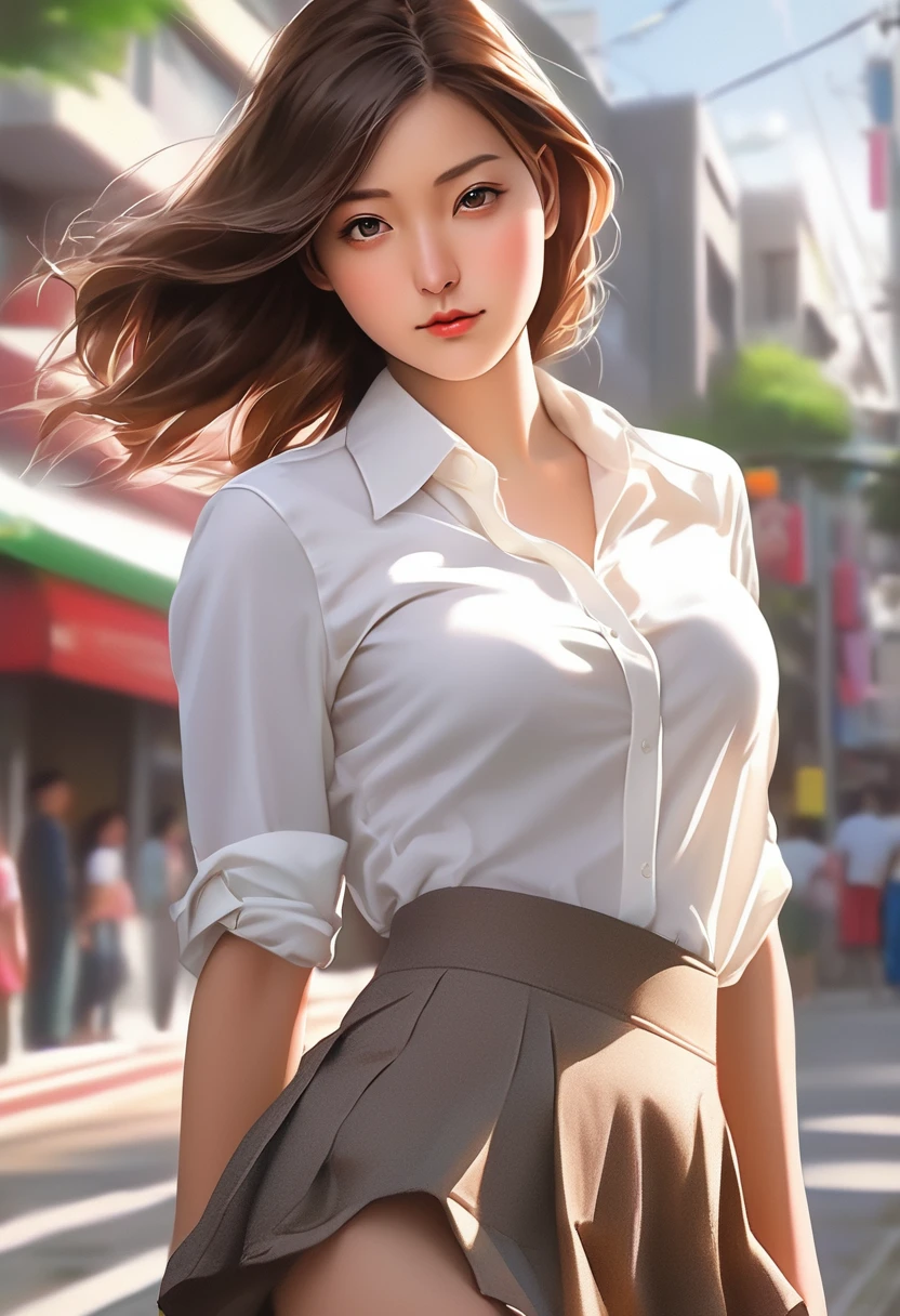 a cartoon image of a woman in a skirt and a white shirt, (nsfw) not safe for work, realistic , casual pose, 🤤 girl portrait, in an anime style, marin kitagawa fanart, highly detailed exquisite fanart, a hyperrealistic , hyperrealistic , waist up portrait, realistic anime art style, high quality fanart, digital anime illustration