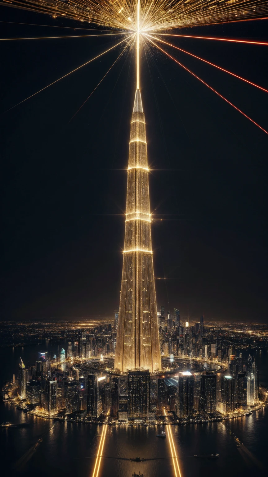 Futuristic background with golden glass pyramids，Laser beam，Leads to a surreal city with towering skyscrapers. Super resolution of backgrounds in 4k，Aspect ratio of 16:9.The Golden Pyramid, masterpiece, Anatomically correct, Super Detail, high quality, best quality, 8K, 16K, High Detail