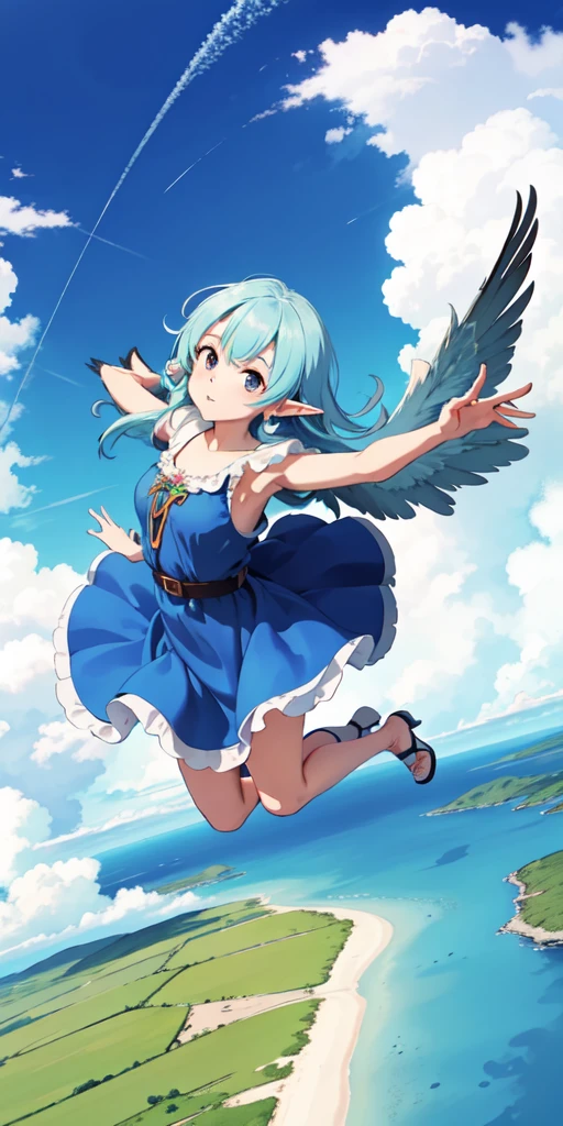 1girl, (fish-eye lens), looking at viewer, windy, (vast skies scenery) (clouds), atmospheric, (colorful skies), elf, silky dress, (from above:1.2), (wide shot), (matching wings:1.2), facing the viewer, floating hair, (jumping)