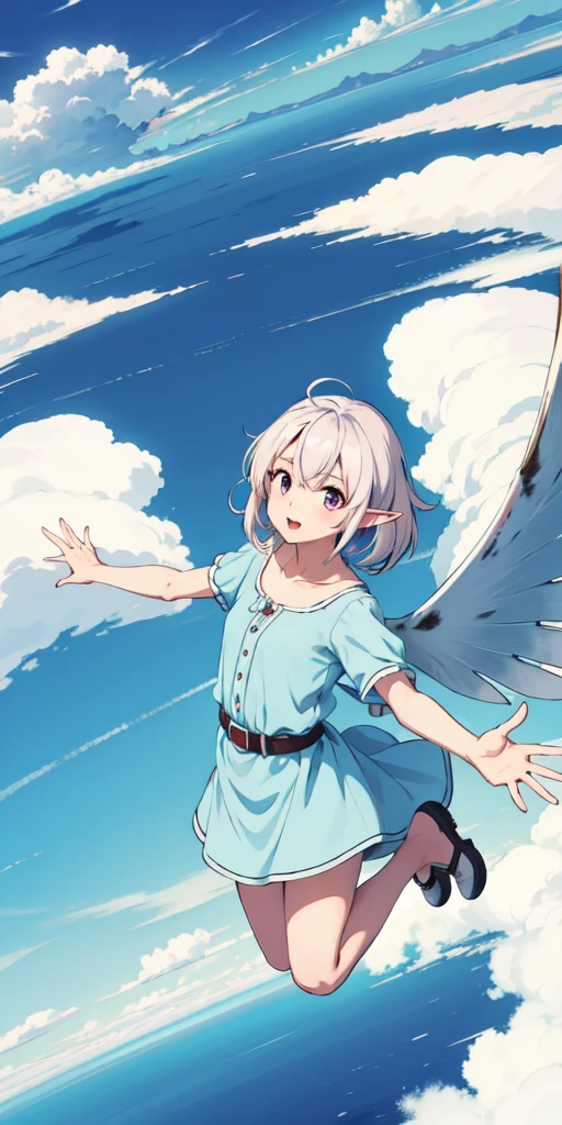 1girl, (fish-eye lens), looking at viewer, windy, (vast skies scenery) (clouds), atmospheric, (colorful skies), elf, silky dress, (from above:1.2), (wide shot), (matching wings:1.2), facing the viewer, floating hair, (jumping)