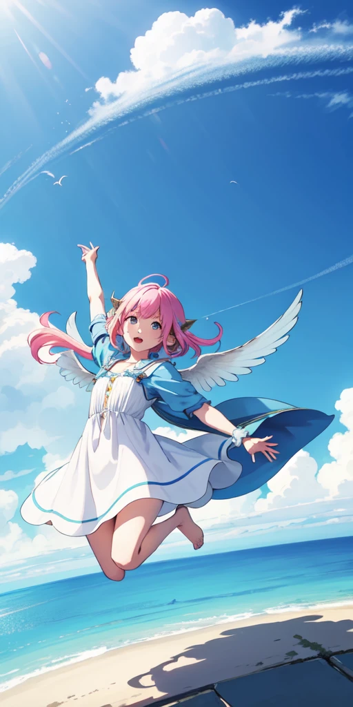 1girl, (fish-eye lens), looking at viewer, windy, (vast skies scenery) (clouds), atmospheric, (colorful skies), elf, silky dress, (from above:1.2), (wide shot), (matching wings:1.2), facing the viewer, floating hair, (jumping)