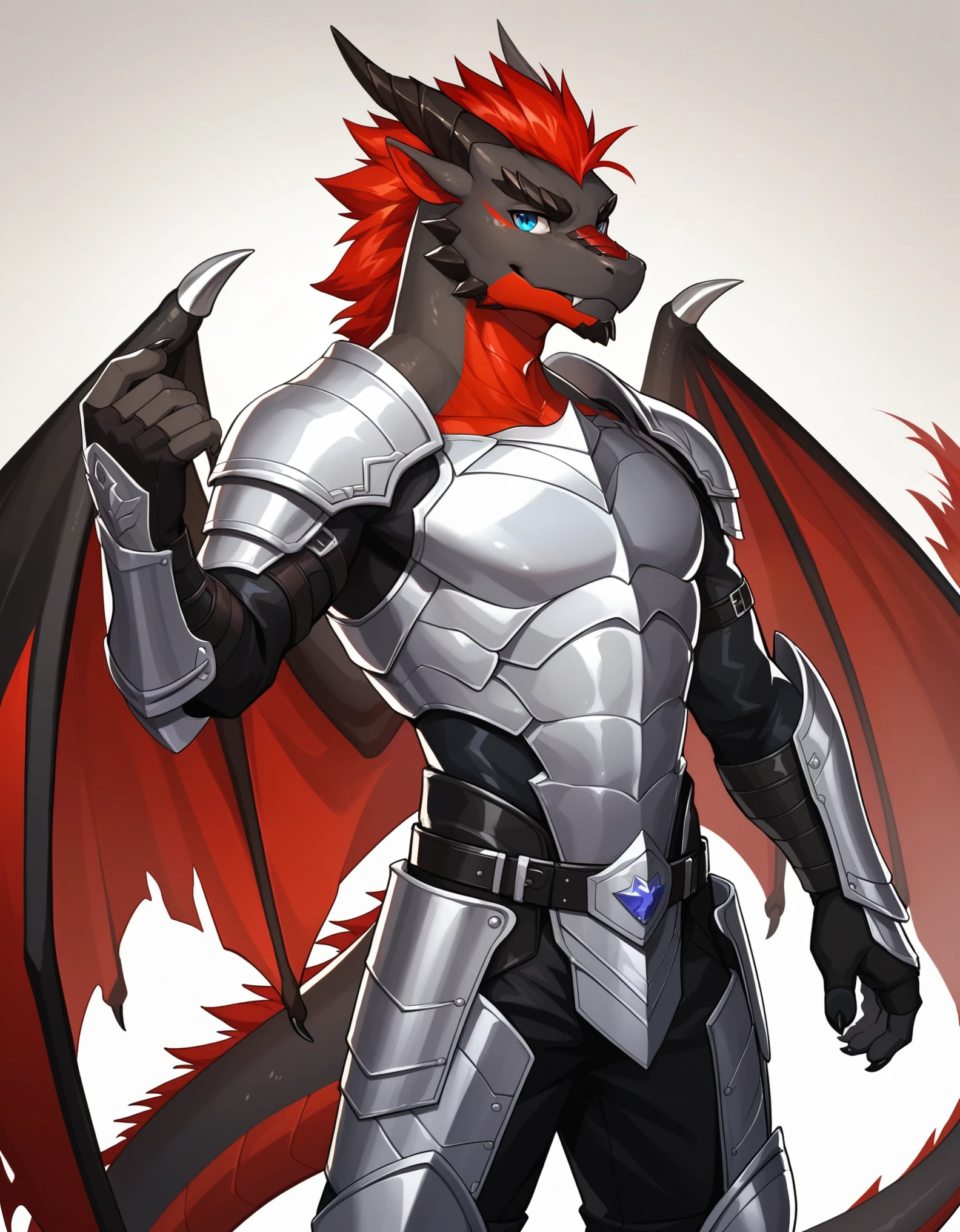 Solo, Score_9, score_8_up, score_7_up, source_cartoon, Anthro male, A black dragon, black dragon with red highlights on scales, black and red wings, blue eyes, standing, wearing knights armor, standard pose