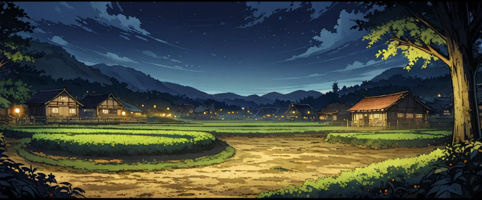 village,欧洲中世纪的village,Aritano,There are fruit trees,There is a livestock farm。night,Night view。Mid-ground composition,Panorama pictures,Scene screen,Game concept art style,Anime illustration style,HD,4K。