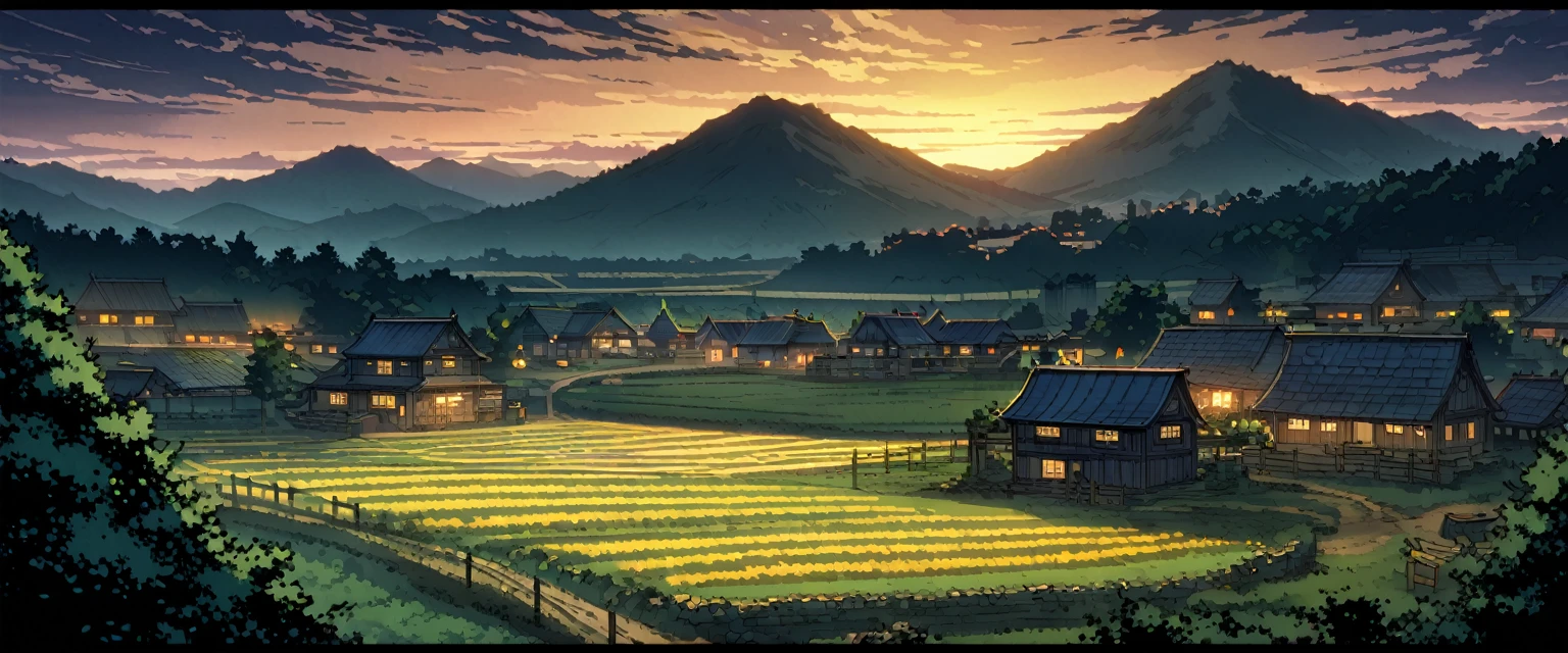village，欧洲中世纪的village，Aritano，There are fruit trees，There is a livestock farm。night，Night view。Mid-ground composition，Panorama pictures，Scene screen，Game concept art style，Anime illustration style，HD，4K。