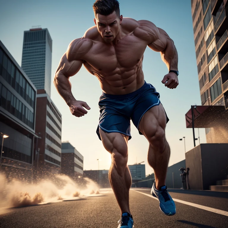 A muscular male athlete in motion, detailed facial features, dense athletic physique, running in a dynamic outdoor scene, dramatic lighting, cinematic composition, realistic 3D rendering, vibrant colors, epic, powerful