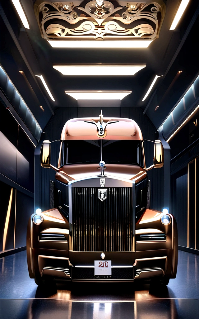 (ultra detali,high resolution,work of art:1.2),hdr,ultra HD,extremely detailed luxury semi-truck with sleeper parked in a landscaped background,average:realisitic, Detailed rendering of a 2023 Rolls Royce Ghost semi-truck with gloss black exterior,shiny chrome details, and big, imposing wheels,proffesional,Portrait view of the truck showing its curves and elegant lines,bright coloured,Sharp focus on the intricate details of the truck's front grille,Headlights,and logo,photorealisitic image of the truck's luxuriously appointed sleeper cabin,including luxurious leather seats,wood accents,and cutting-edge technology,conceptual artist's interpretation of the truck's interior, Floor to ceiling windows, and panoramic roof,bokeh lighting effect highlighting the truck's majestic presence and enhancing its overall appeal,studio lighting emphasizing the truck's sophisticated finish and creating a captivating ambiance,exquisite attention to detail in capturing the truck's unique characteristics, como a icônica estatueta Rolls Royce Spirit of Ecstasy, and the elegant Spirit of Ecstasy illuminated grille ornament,meticulously rendered street scene,reflecting the opulence and exclusivity of the truck,composition inspired by photography, capturing the truck from an artistic angle,highlighting its grandeur and conveying a feeling of power and sophistication.
