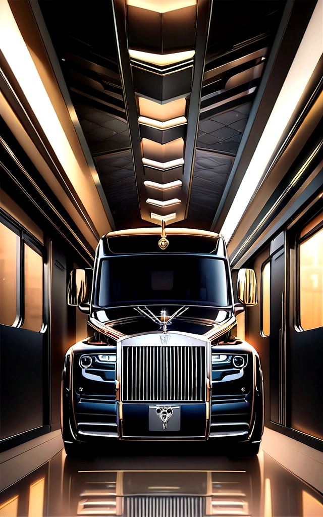 (ultra detali,high resolution,work of art:1.2),hdr,ultra HD,extremely detailed luxury semi-truck with sleeper parked in a landscaped background,average:realisitic, Detailed rendering of a 2023 Rolls Royce Ghost semi-truck with gloss black exterior,shiny chrome details, and big, imposing wheels,proffesional,Portrait view of the truck showing its curves and elegant lines,bright coloured,Sharp focus on the intricate details of the truck&#39;s front grille,Headlights,and logo,photorealisitic image of the truck's luxuriously appointed sleeper cabin,including luxurious leather seats,wood accents,and cutting-edge technology,conceptual artist&#39;s interpretation of the truck&#39;s interior, Floor to ceiling windows, and panoramic roof,bokeh lighting effect highlighting the truck&#39;s majestic presence and enhancing its overall appeal,studio lighting emphasizing the truck&#39;s sophisticated finish and creating a captivating ambiance,exquisite attention to detail in capturing the truck&#39;s unique characteristics, como a icônica estatueta Rolls Royce Spirit of Ecstasy, and the elegant Spirit of Ecstasy illuminated grille ornament,meticulously rendered street scene,reflecting the opulence and exclusivity of the truck,composition inspired by photography, capturing the truck from an artistic angle,highlighting its grandeur and conveying a feeling of power and sophistication.
