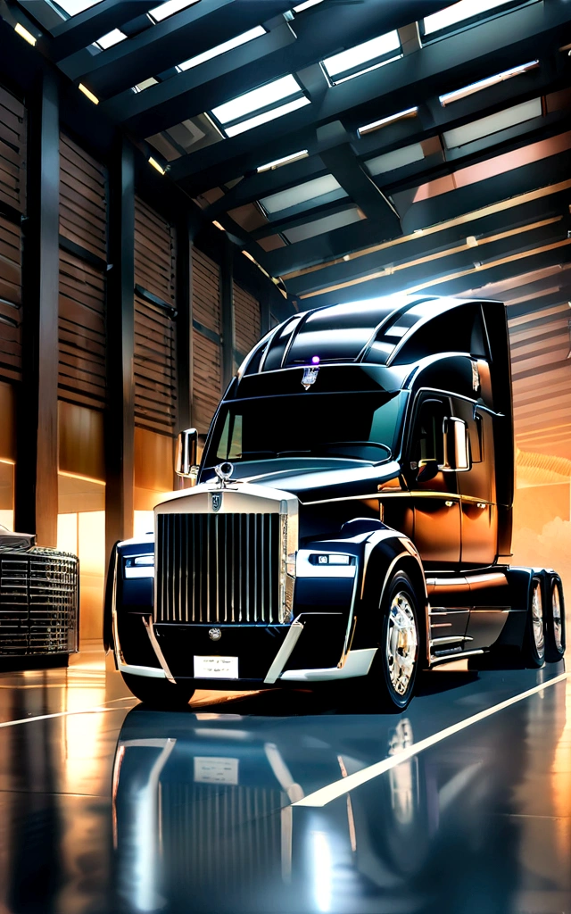 (ultra detali,high resolution,work of art:1.2),hdr,ultra HD,extremely detailed luxury semi-truck with sleeper parked in a landscaped background,average:realisitic, Detailed rendering of a 2023 Rolls Royce Ghost semi-truck with gloss black exterior,shiny chrome details, and big, imposing wheels,proffesional,Portrait view of the truck showing its curves and elegant lines,bright coloured,Sharp focus on the intricate details of the truck&#39;s front grille,Headlights,and logo,photorealisitic image of the truck's luxuriously appointed sleeper cabin,including luxurious leather seats,wood accents,and cutting-edge technology,conceptual artist&#39;s interpretation of the truck&#39;s interior, Floor to ceiling windows, and panoramic roof,bokeh lighting effect highlighting the truck&#39;s majestic presence and enhancing its overall appeal,studio lighting emphasizing the truck&#39;s sophisticated finish and creating a captivating ambiance,exquisite attention to detail in capturing the truck&#39;s unique characteristics, como a icônica estatueta Rolls Royce Spirit of Ecstasy, and the elegant Spirit of Ecstasy illuminated grille ornament,meticulously rendered street scene,reflecting the opulence and exclusivity of the truck,composition inspired by photography, capturing the truck from an artistic angle,highlighting its grandeur and conveying a feeling of power and sophistication.