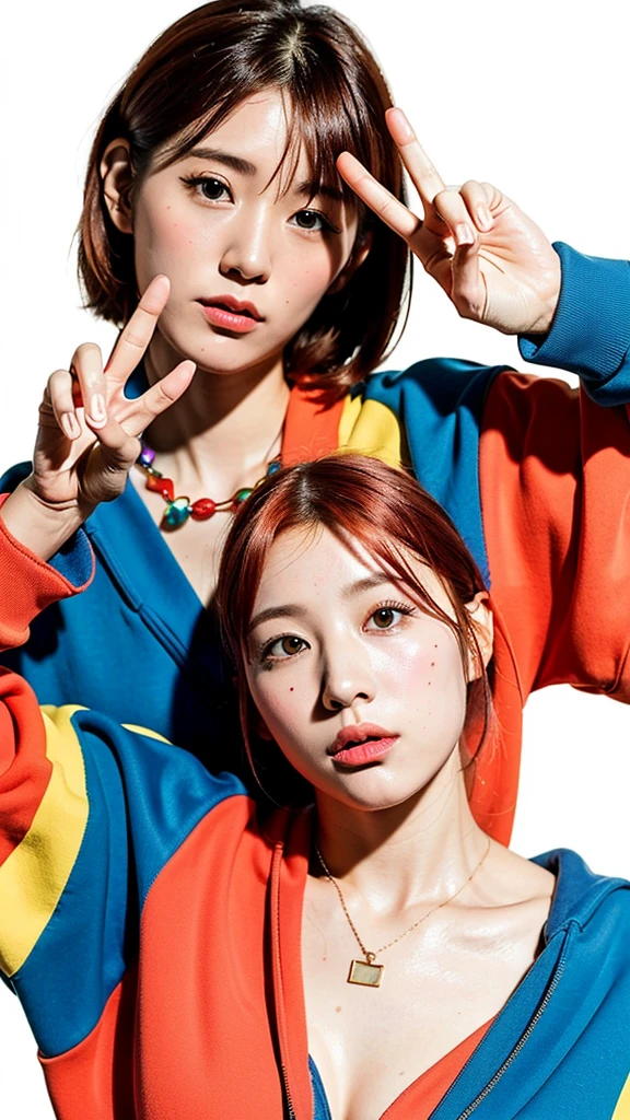 (Highest quality, 8K, 32k, masterpiece, Ultra-high resolution:1.2),Beautiful Japanese Women Photos, Rainbow clothes、Rainbow hoodie、Large Breasts, Very short bob hair,Red hair, necklace, Simple Background, From above, View your viewers,Red Hair、White background、peace sign、Pause