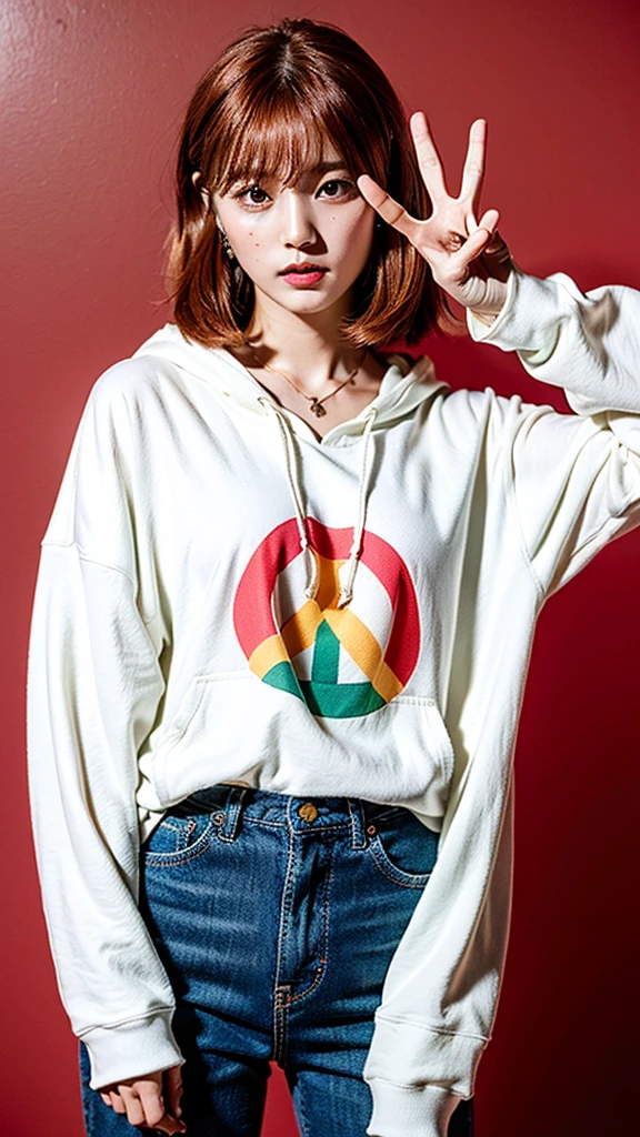 (Highest quality, 8K, 32k, masterpiece, Ultra-high resolution:1.2),Beautiful Japanese Women Photos, Rainbow clothes、Rainbow hoodie、Large Breasts, Very short bob hair,Red hair, necklace, Simple Background, From above, View your viewers,Red Hair、White background、peace sign、Pause
