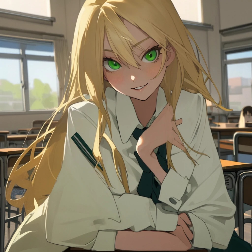 Blonde student, green-eyed and sexy in the classroom