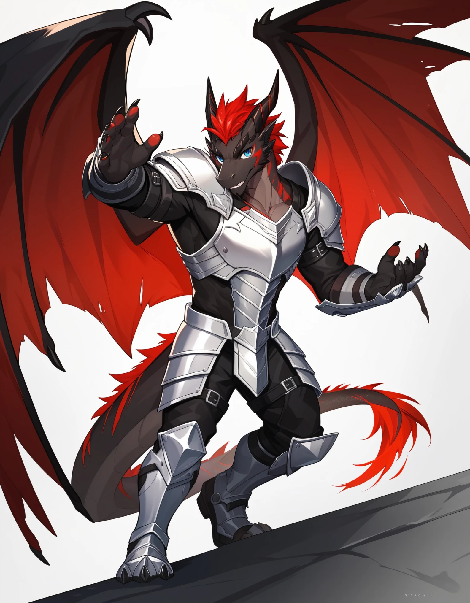 Solo, Score_9, score_8_up, score_7_up, source_cartoon, Anthro male, A black dragon, black dragon with red highlights on scales, black and red wings, blue eyes, standing, wearing knights armor, epic pose,