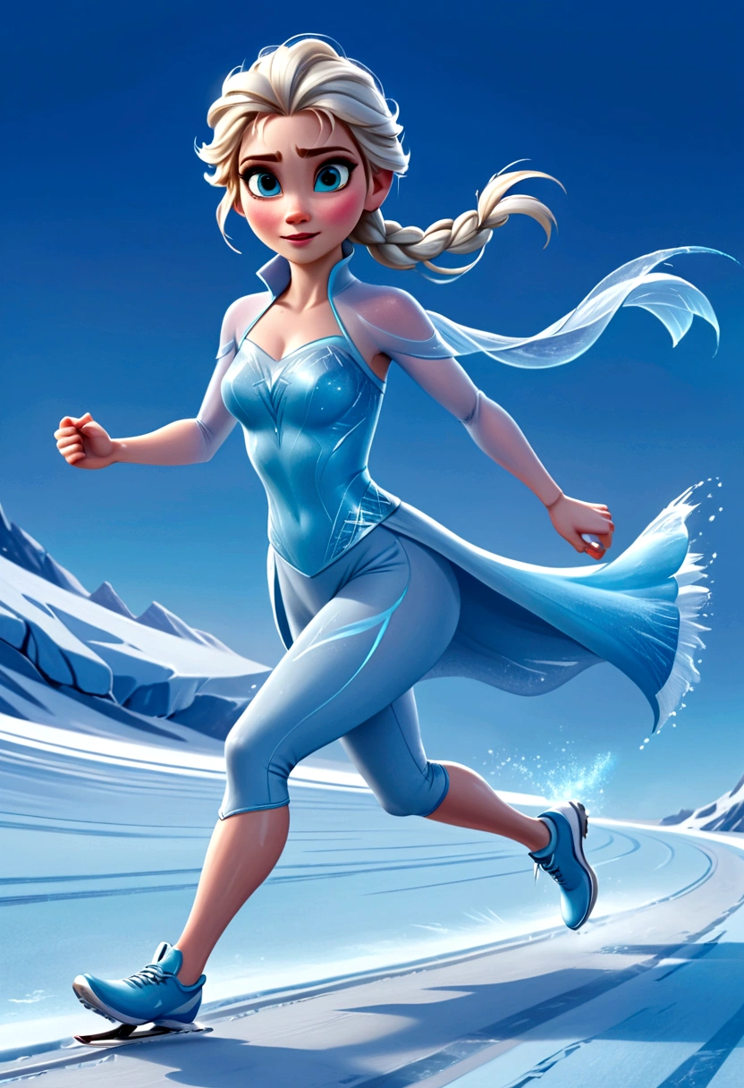 "Digital painting of Elsa from Frozen as an athlete, running on an icy track with frost forming beneath her feet, dressed in a sleek, ice-blue sports outfit, with determination and focus on her face, cinematic composition, trending on ArtStation."