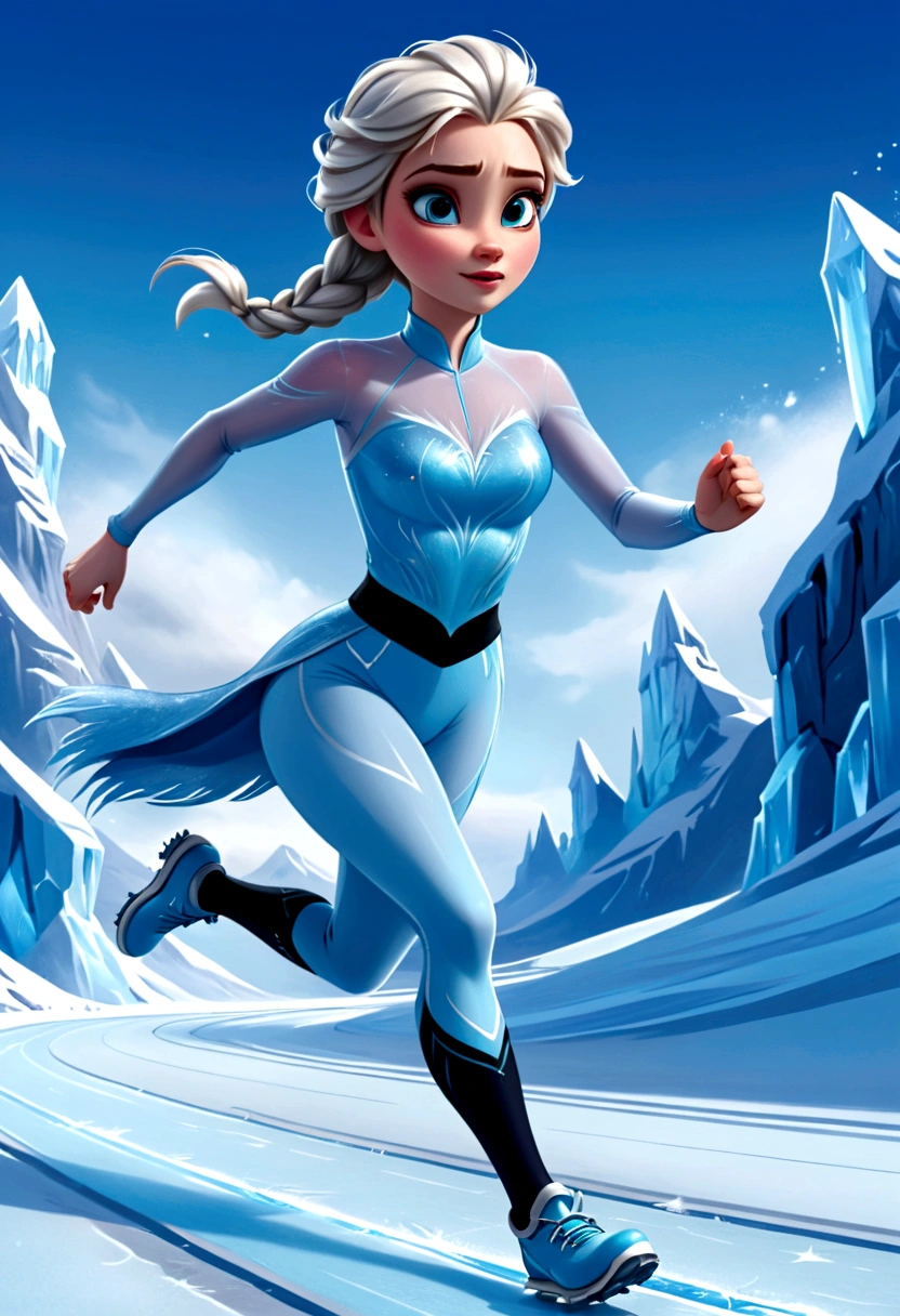 "Digital painting of Elsa from Frozen as an athlete, running on an icy track with frost forming beneath her feet, dressed in a sleek, ice-blue sports outfit, with determination and focus on her face, cinematic composition, trending on ArtStation."