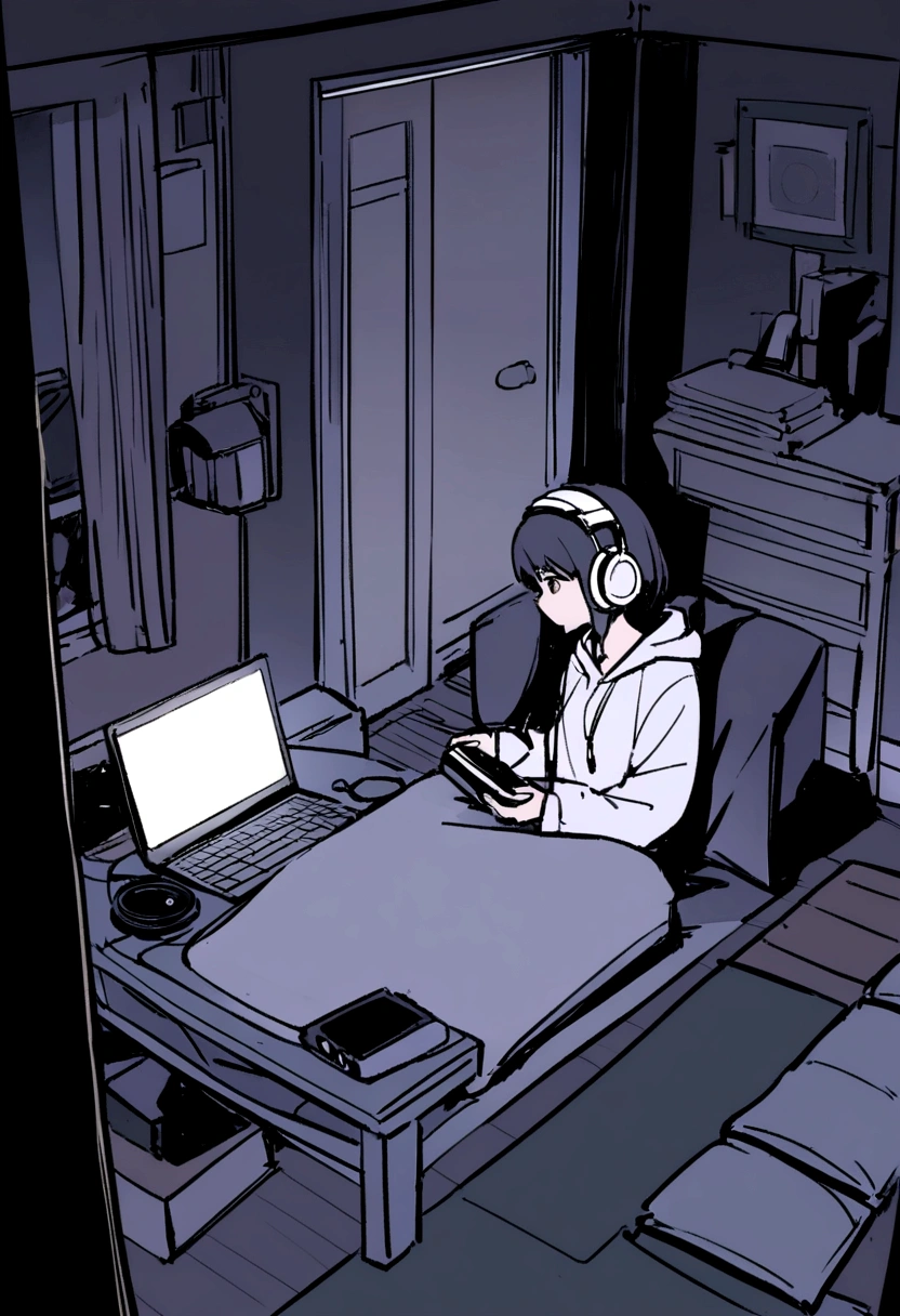 night、Girl listening to music in a cozy room, Using headphones,, Lo-Fi, hard disk, slightly dark environment, Makoto Shinkai style