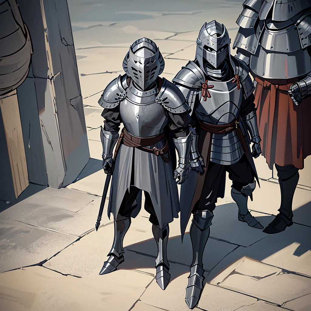 Best illustrations、Best Quality、(Full body character concept、detailed)、(Iron Mask、Iron Helmet、pocket)、(((Medieval Knight、Simple grey armor、male、Age 25)))、(((Get Ready)))、(Medieval Knightが10人)、(From above at an angle)