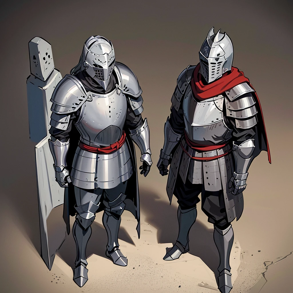 Best illustrations、Best Quality、(Full body character concept、detailed)、(Iron Mask、Iron Helmet、pocket)、(((Medieval Knight、Simple grey armor、male、Age 25)))、(((Get Ready)))、(Medieval Knightが10人)、(From above at an angle)
