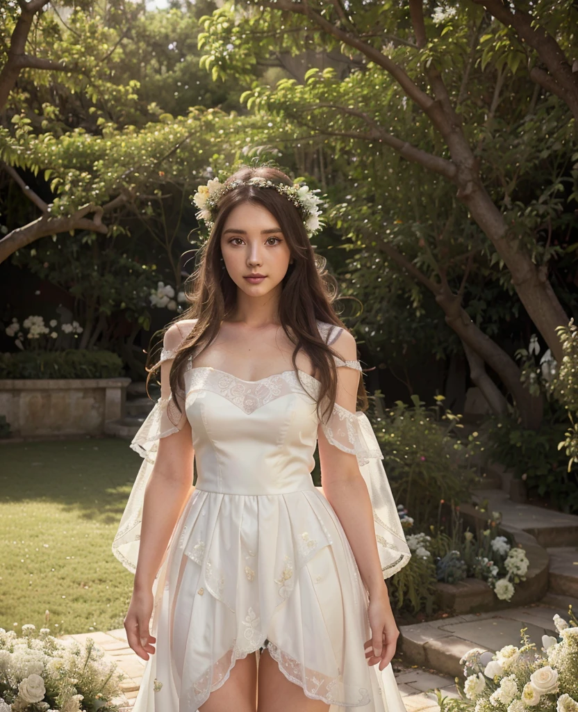 a beautiful young girl wearing a stunning white wedding dress, long flowing hair, gorgeous detailed face with beautiful eyes, delicate lips, and flawless skin, standing in a lush garden with blooming flowers, warm sunlight, (best quality,4k,8k,highres,masterpiece:1.2),ultra-detailed,(realistic,photorealistic,photo-realistic:1.37),intricate details,elegant,cinematic lighting,vibrant colors,portrait,wedding,beautiful bride,youtuber idol