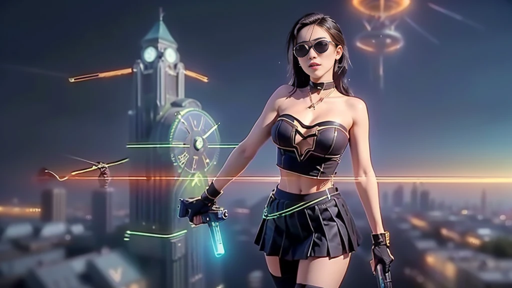 (aerial view). at night, futuristic sci-fi cyberpunk city, broad viaduct, skyscrapers at the end of the viaduct, the movie "13th Floor" style, (((((voltex-spirit-spreading giant clock tower as time machine))))), hq. Matrix style, at night, (1girl, solo), photo realistic, (large-breast:1.2 slim body, cleavage:1.3), (((tube top, extreamly short pleated (((miniskirt))) exposing panty))), (((((matrix style black sunglasses))))), (((((aiming at camera with a (short pistol)))))), (((half-body (thigh level) medium shot))), (cinematic lighting).