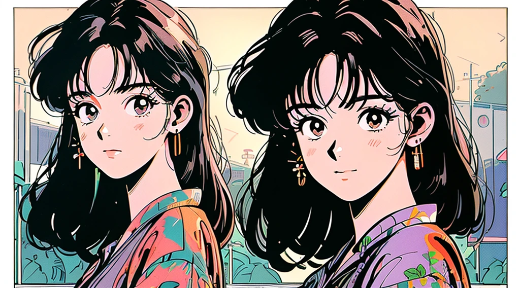 An absurd solution, High resolution, (masterpiece: 1.4), Very detailed, (((Detailed face, Detailed Expression)), Festivals, The background is a food stall, yukata, Japan, smile, the 90s, Kyoto Animation, Kyoto Animation atmosphere, Sparkling, shine,City Pop,