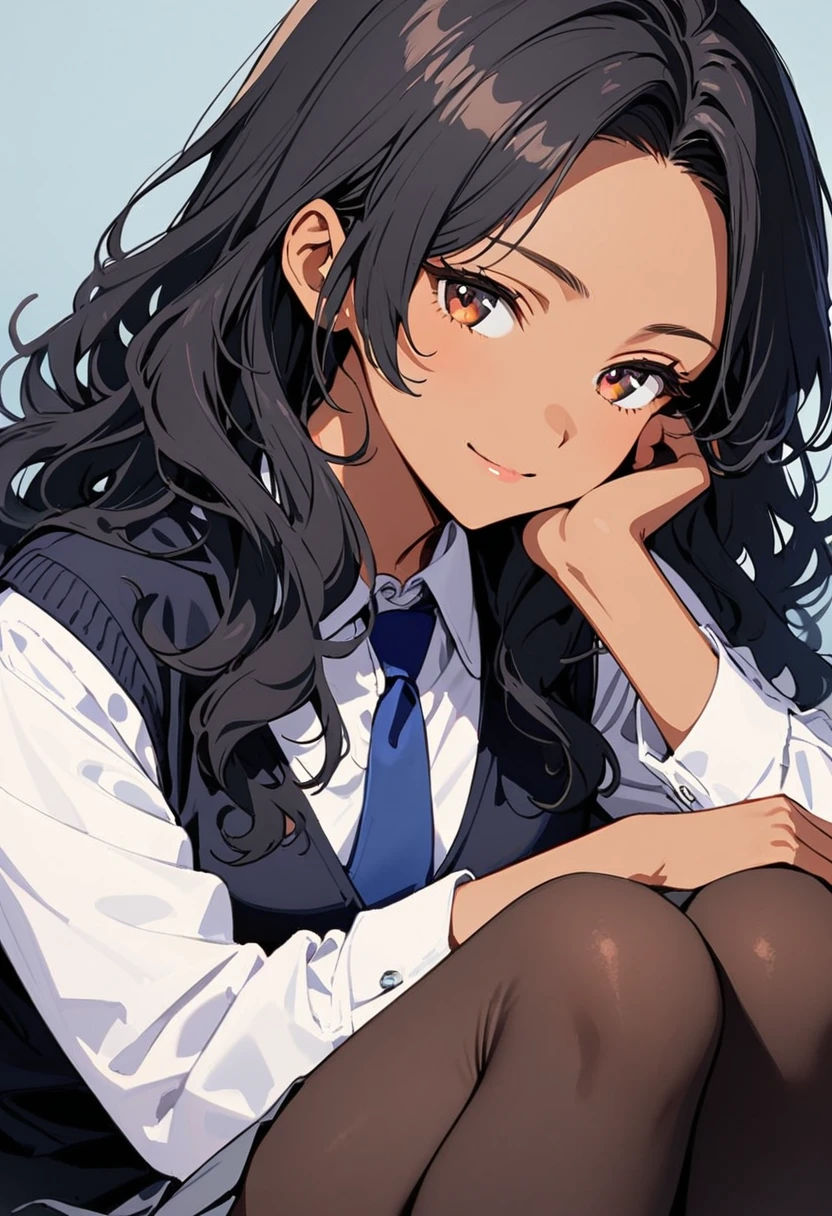 a woman, 19-years-old, solo, mature face, average height, tan skin, (long black wavy hair that's parted in the middle:1.2), no bangs, brown eyes, warm smile, black waistcoat, white formal shirt, gray pleated skirt, blue necktie, black tights, (sitting with knees up, hugging knees, head resting on knees, looking to the left, bright indigo background:1.1)