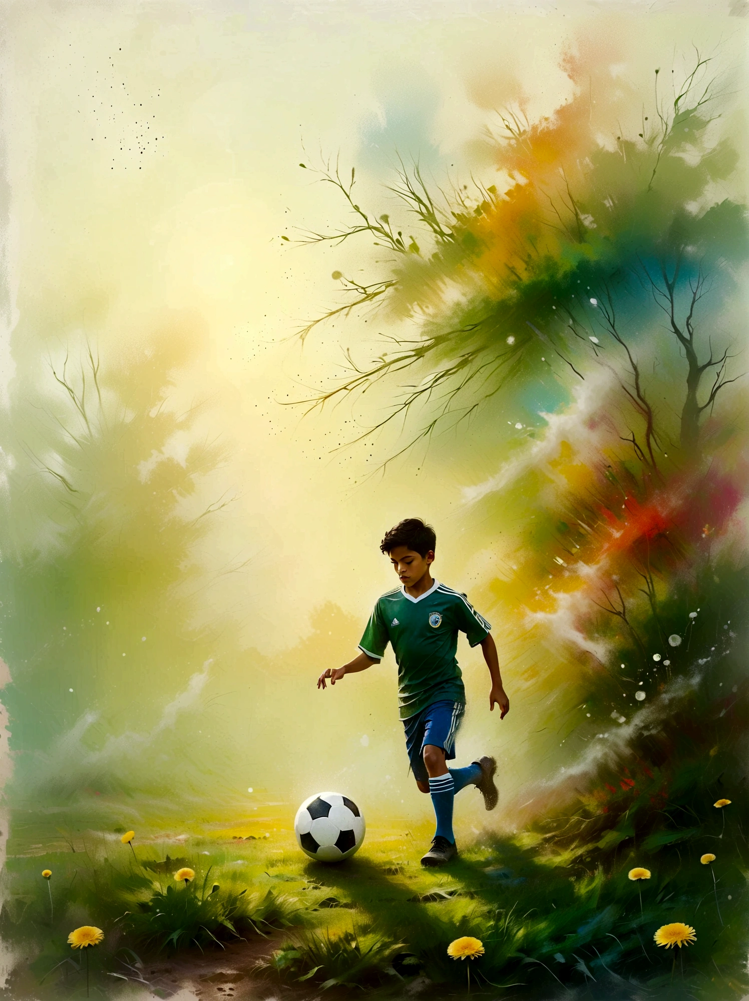 A young Hispanic boy diligently practicing his football skills in an open field, He's wearing a vibrant, multicolored football uniform, angled in such a way as to be kicking a black and white football with great intensity, The afternoon sun is casting long shadows, enriching the vibrant green field that is dotted with tiny dandelions, Beyond the field, there is a dense, evergreen forest with a multitude of assorted plants and tall trees, There's also a portable, weathered football goal in the scene, signaling the end of his improvised training ground