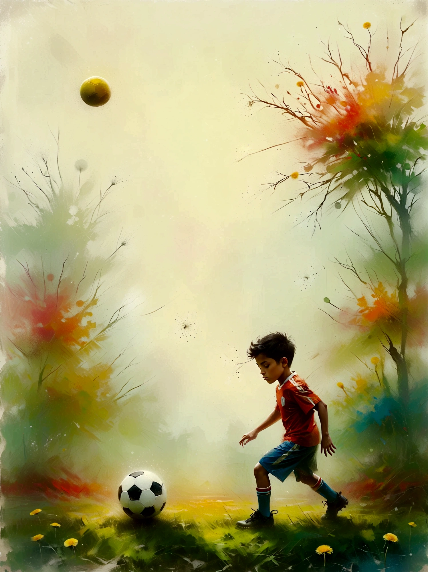 A young Hispanic boy diligently practicing his football skills in an open field, He's wearing a vibrant, multicolored football uniform, angled in such a way as to be kicking a black and white football with great intensity, The afternoon sun is casting long shadows, enriching the vibrant green field that is dotted with tiny dandelions, Beyond the field, there is a dense, evergreen forest with a multitude of assorted plants and tall trees, There's also a portable, weathered football goal in the scene, signaling the end of his improvised training ground