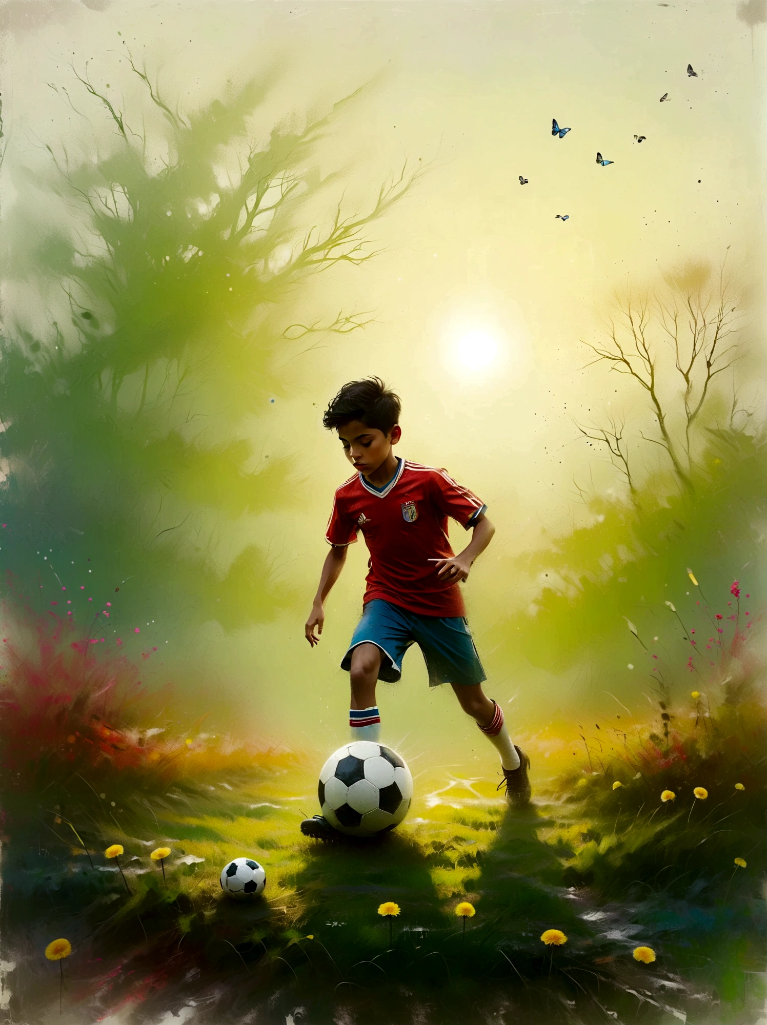 A Middle Eastern football player in action. This image has been painted with vibrant colors and bold brushstrokes to accentuate the energy and intensity of a professional athlete. The athlete possesses a strong and muscular body, with well-defined arms that project a powerful athletic aura. His confident pose encapsulates his readiness to rule the field. The dynamism of the scene, frozen through the capture of a high-speed lens, showcases his agility and tenacious determination. The vibrant color palette adds another layer to the excitement, punctuating the football player's intense focus. This image, drawing inspiration from hyperrealism, embodies the essence of a professional football player. Perfect as a sports magazine cover or motivational poster.