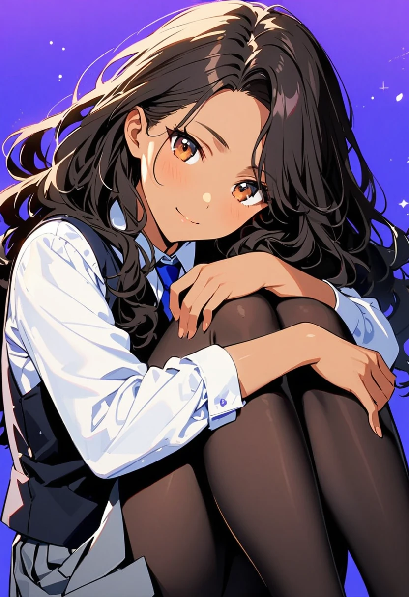 a woman, 19-years-old, solo, mature face, average height, tan skin, (long black wavy hair that's parted in the middle:1.2), no bangs, brown eyes, warm smile, black waistcoat, white formal shirt, gray pleated skirt, blue necktie, black tights, (sitting with knees up, hugging knees, head resting on knees, bright indigo background:1.1)
