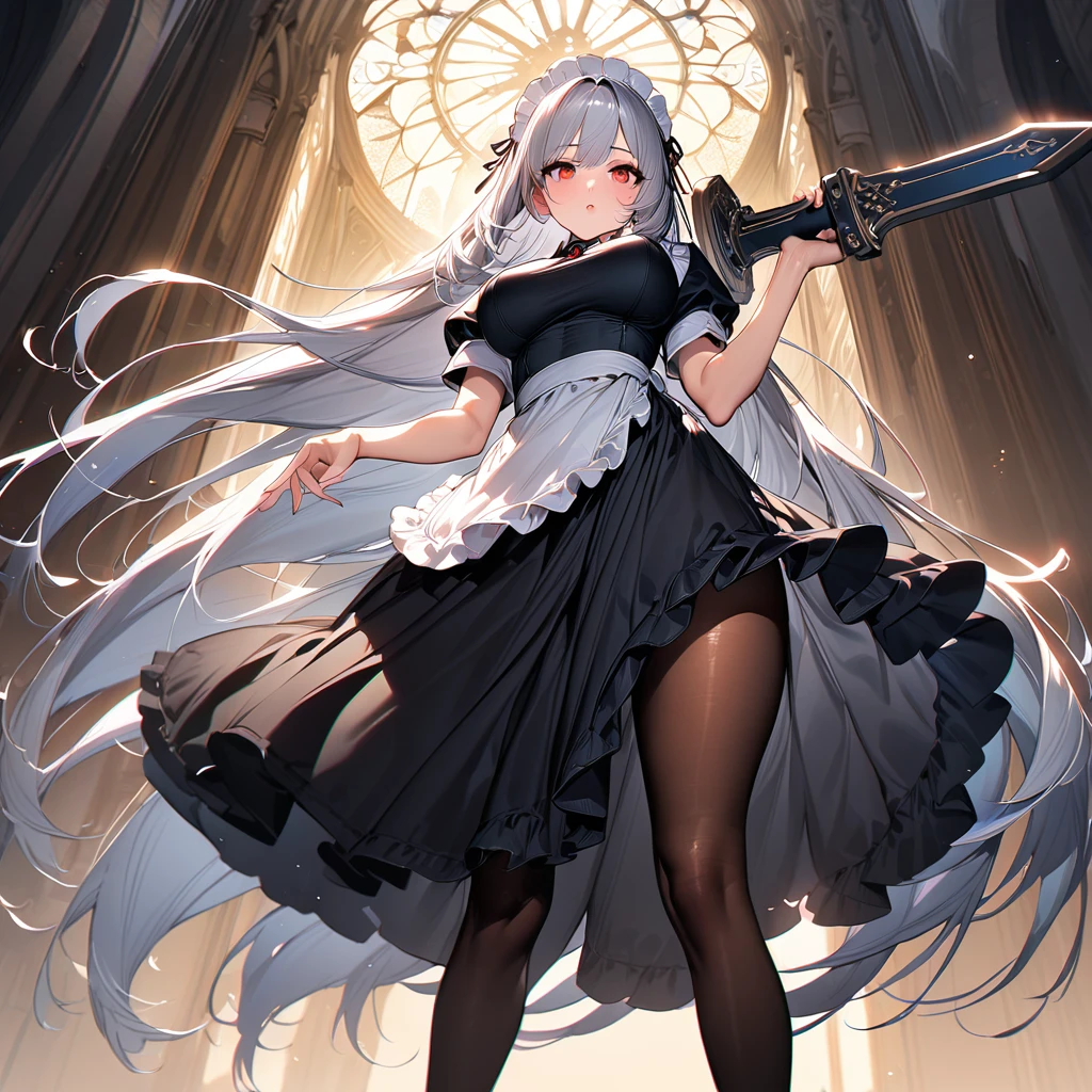 (masterpiece),(Highest quality),(Super detailed),(Best illustrations),(so beautiful), Beautiful Eyes, Perfect Face, Perfect hands, Perfect Fingers, hanging breasts, so beautiful長い脚, Silver Hair, Red eyes, Very long hair, pantyhose, Maid, headdress, apron, Long skirt, holding weapon, greatsword, carrying over shoulder