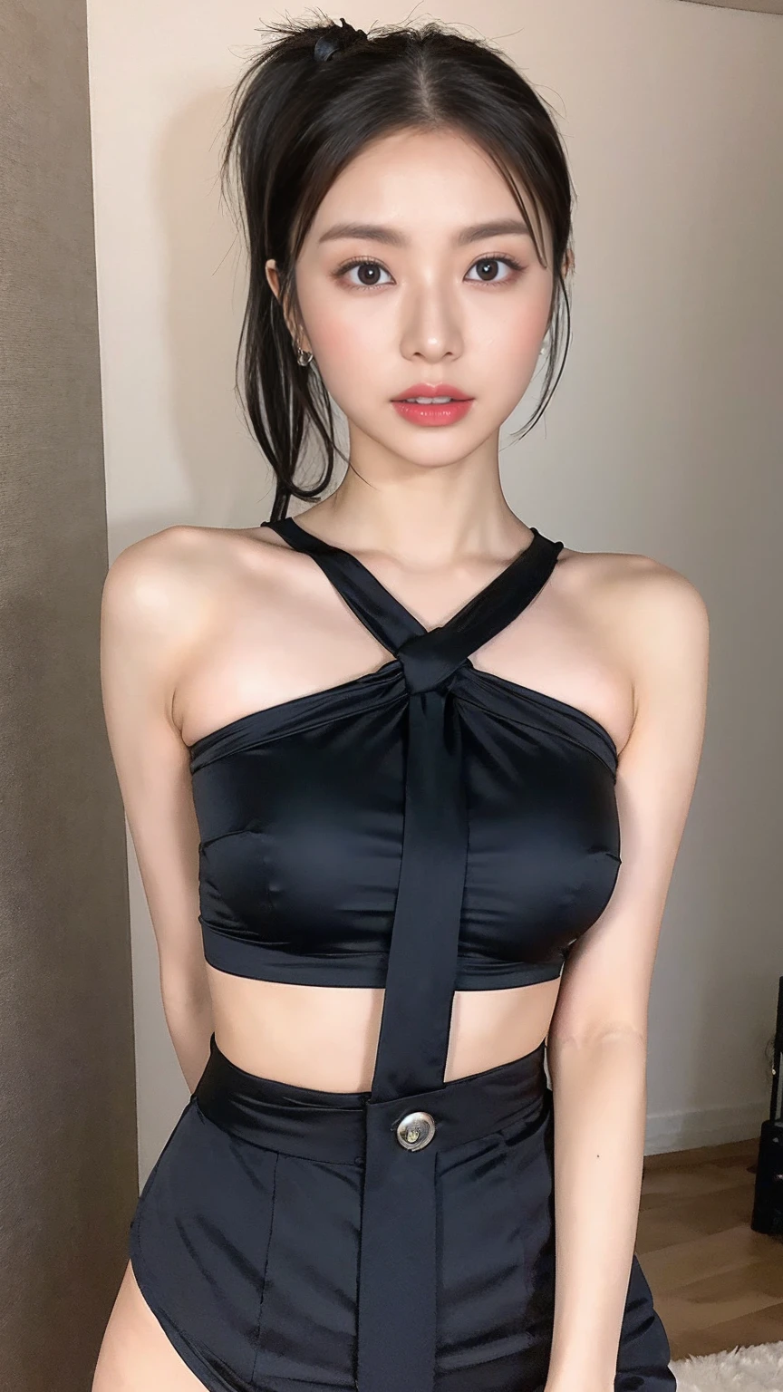 Create a stunning image of a world-famous gravure idol, who is also a sexy AI influencer. She has long hair tied up in a ponytail, and a mischievous face. Her body measurements are: height 168cm, bust 98cm, waist 60cm, and hips 90cm. She should exude a confident and alluring aura.”